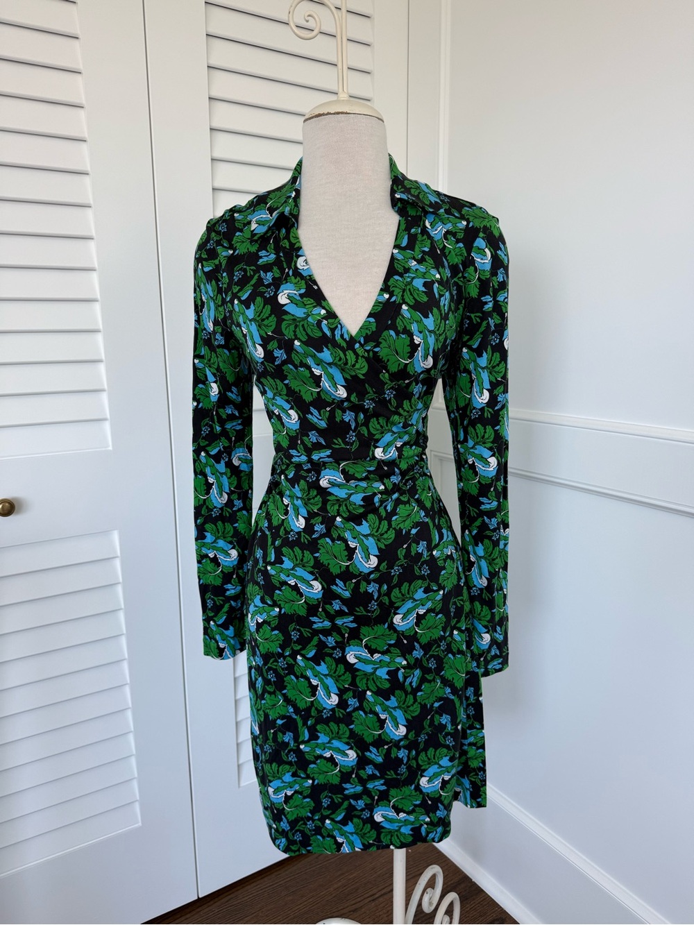 Diane Von Furstenberg Green and Blue Floral Wrap Dress - Long Sleeve